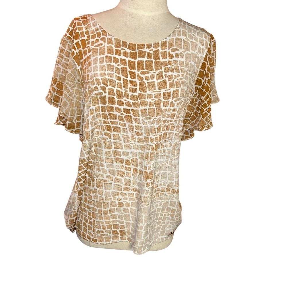 Calvin Klein V Neck Brown Giraffe Print Ruffled Blouse Top L Large animal shirt